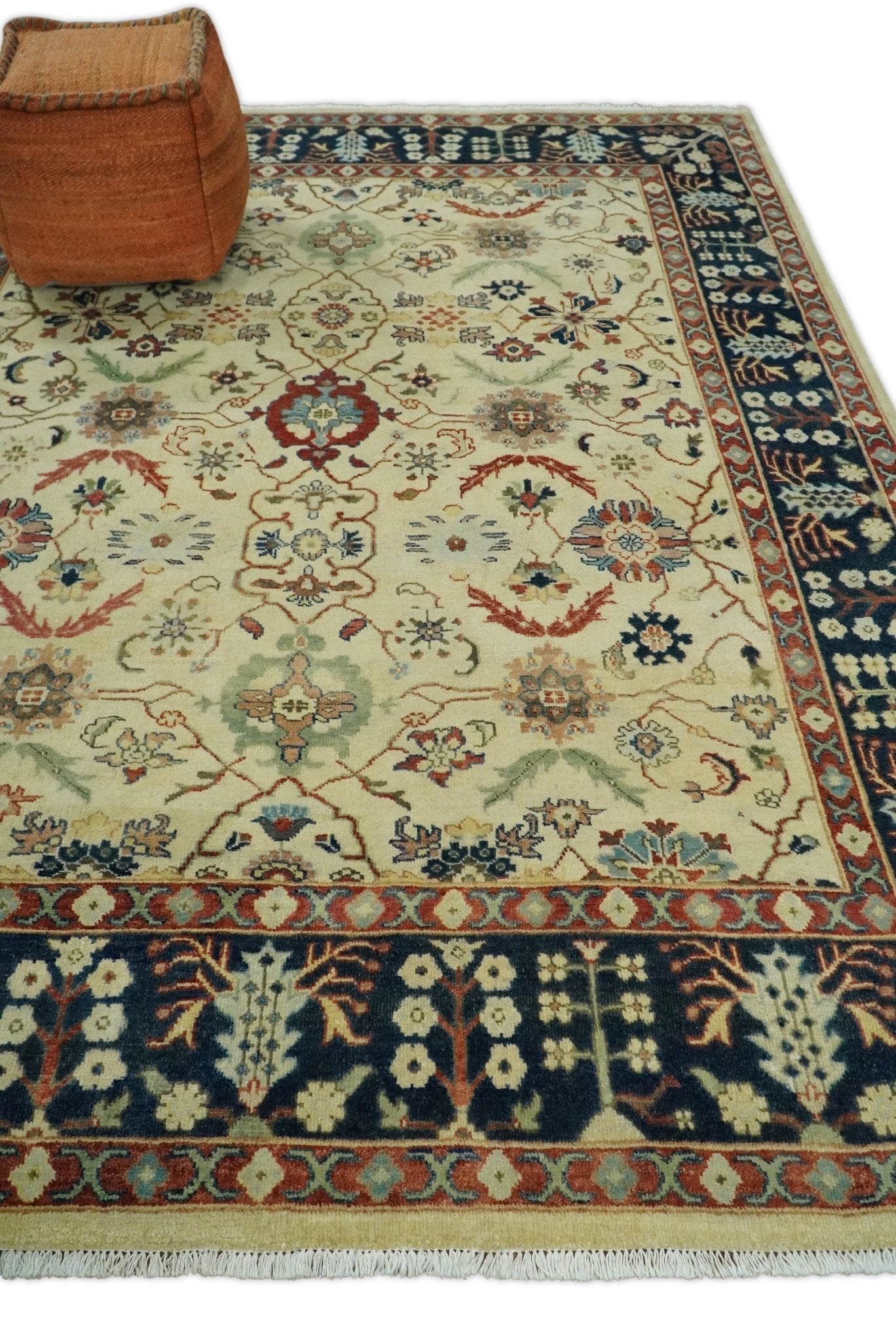 8x10 Fine Hand Knotted Ivory and Blue Traditional Vintage Persian Style Mahal Antique Wool Rug | TRDCP492810 - The Rug Decor