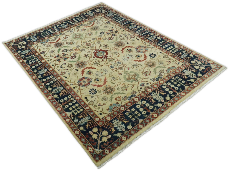 8x10 Fine Hand Knotted Ivory and Blue Traditional Vintage Persian Style Mahal Antique Wool Rug | TRDCP492810 - The Rug Decor