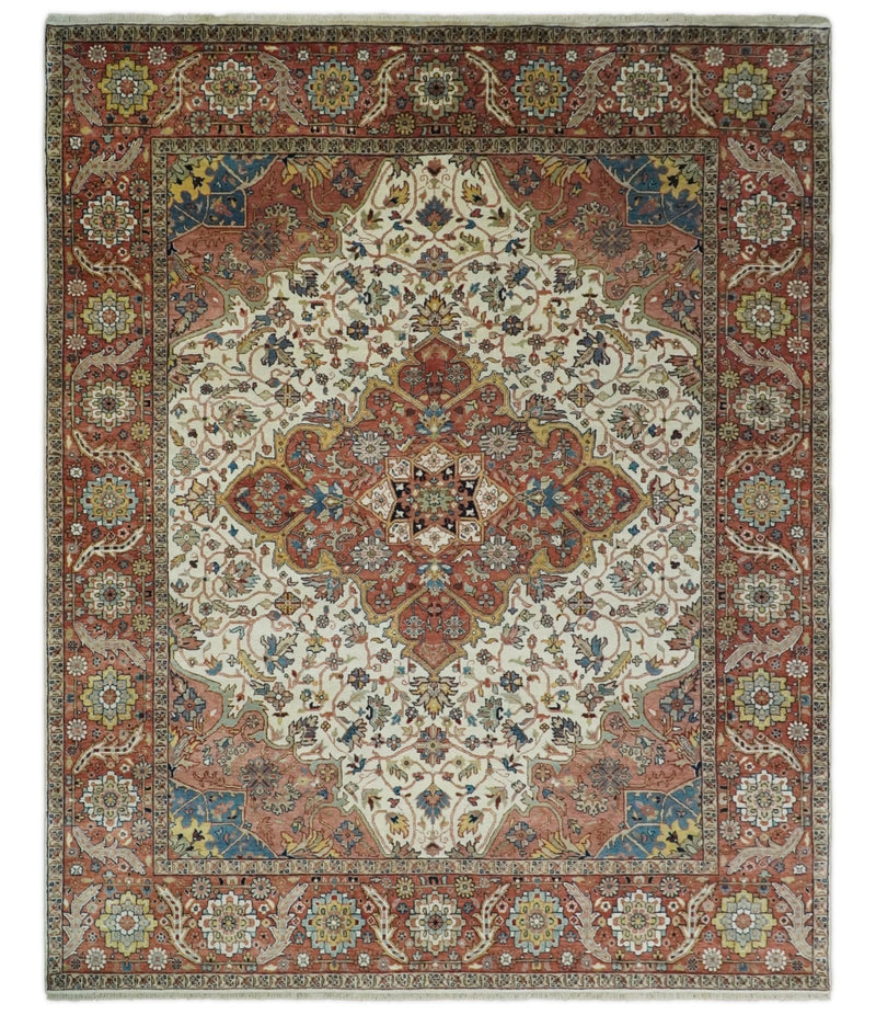 8x10 Fine Hand Knotted Ivory and Rust Traditional Persian Area Rug | TRDCP464810 - The Rug Decor