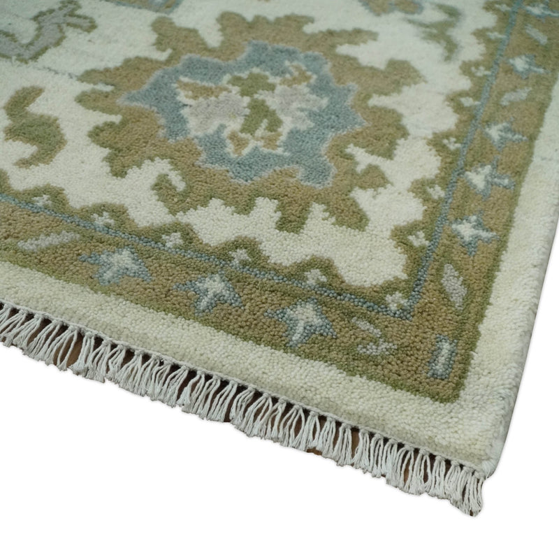 8x10 Fine Hand Knotted Ivory, Gold and Olive Traditional Vintage Antique Oushak Persian Wool Rug | TRDCP902810 - The Rug Decor