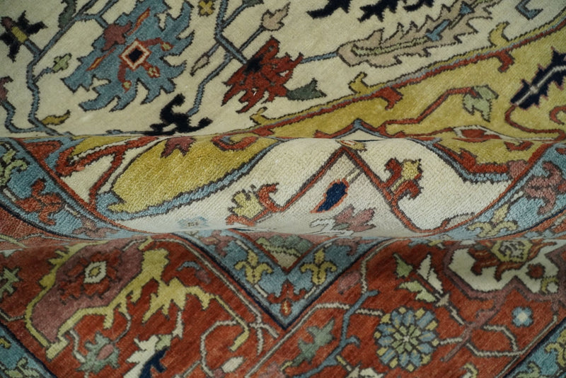 8x10 Fine Hand Knotted Red and Ivory Traditional Vintage Persian Style Serapi Heriz Antique Wool Rug | TRDCP521810 - The Rug Decor