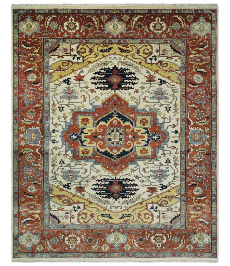 8x10 Fine Hand Knotted Red and Ivory Traditional Vintage Persian Style Serapi Heriz Antique Wool Rug | TRDCP521810 - The Rug Decor
