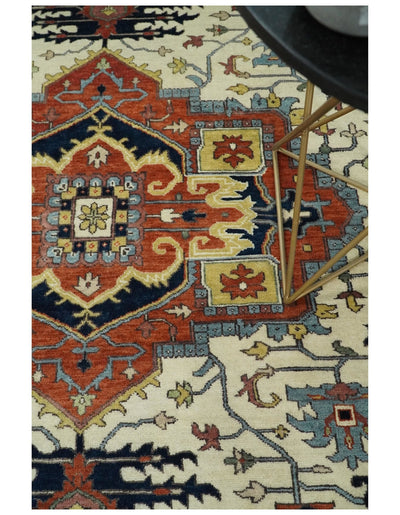 8x10 Fine Hand Knotted Red and Ivory Traditional Vintage Persian Style Serapi Heriz Antique Wool Rug | TRDCP521810 - The Rug Decor