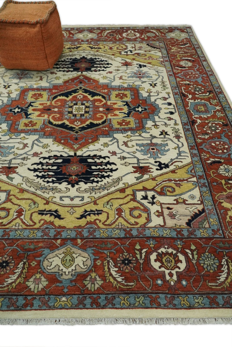 8x10 Fine Hand Knotted Red and Ivory Traditional Vintage Persian Style Serapi Heriz Antique Wool Rug | TRDCP521810 - The Rug Decor