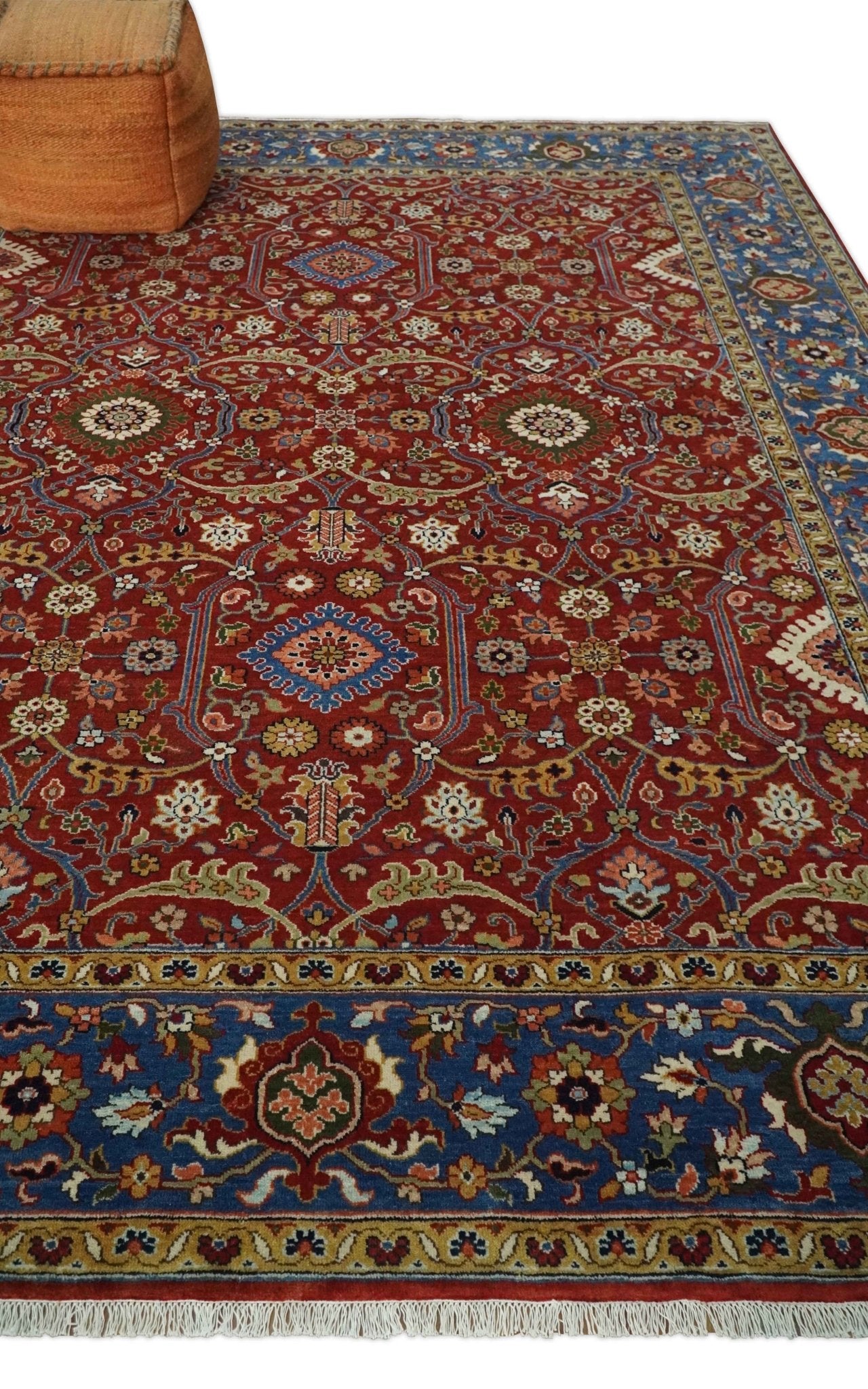8x10 Fine Hand Knotted Rust and Blue Traditional Vintage Antique Persian Wool Rug | TRDCP851810 - The Rug Decor