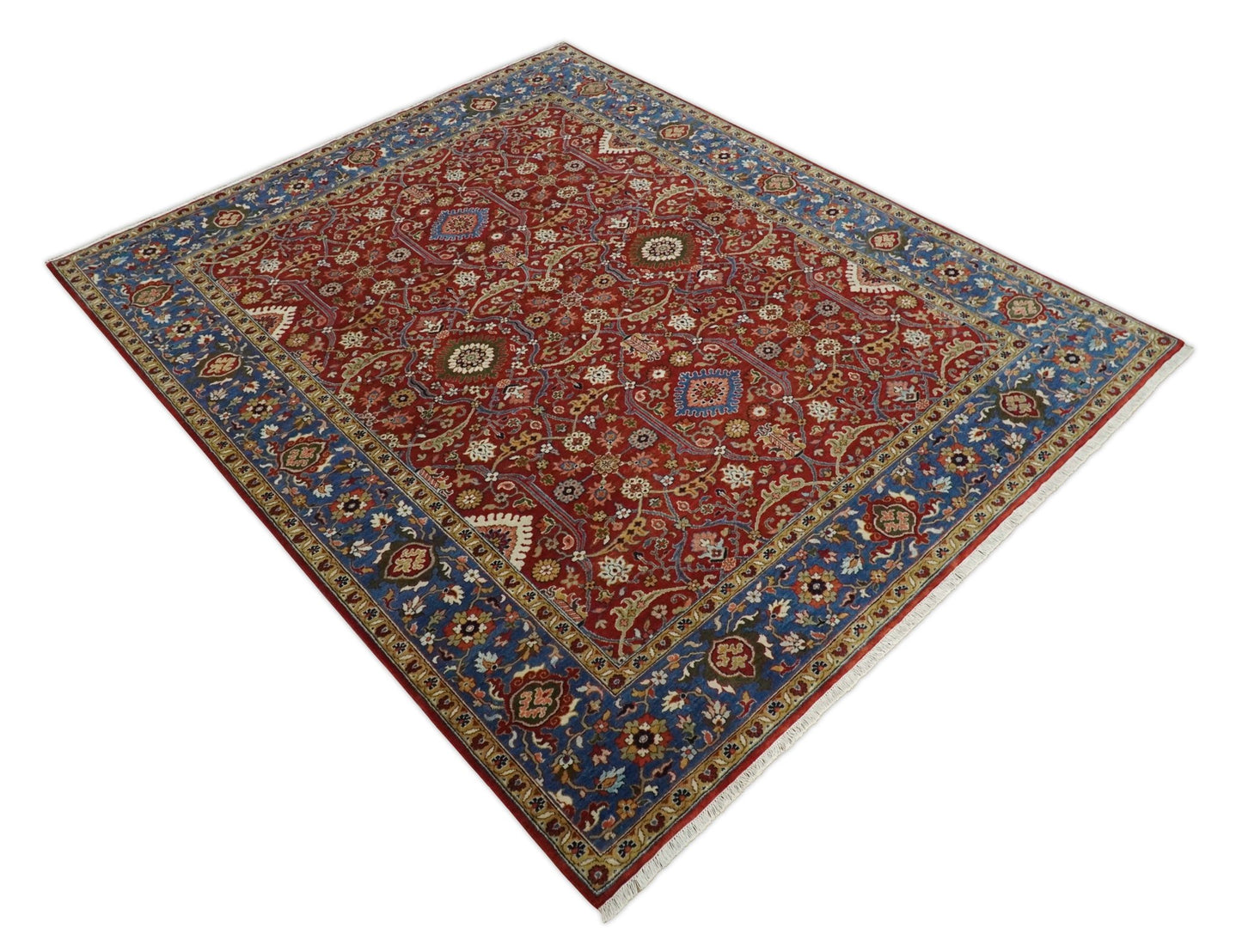 8x10 Fine Hand Knotted Rust and Blue Traditional Vintage Antique Persian Wool Rug | TRDCP851810 - The Rug Decor
