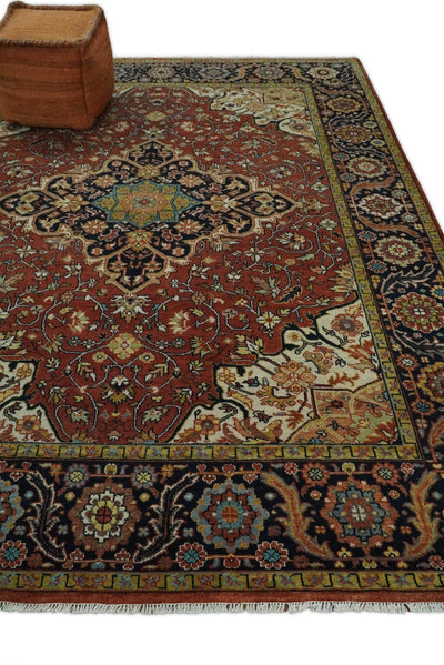 8x10 Fine Hand Knotted Rust and Blue Traditional Vintage Persian Style Serapi Heriz Antique Wool Rug | TRDCP500810 - The Rug Decor