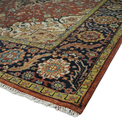 8x10 Fine Hand Knotted Rust and Blue Traditional Vintage Persian Style Serapi Heriz Antique Wool Rug | TRDCP500810 - The Rug Decor