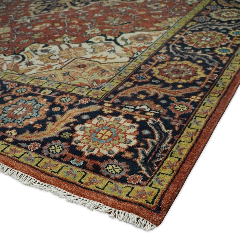 8x10 Fine Hand Knotted Rust and Blue Traditional Vintage Persian Style Serapi Heriz Antique Wool Rug | TRDCP500810 - The Rug Decor