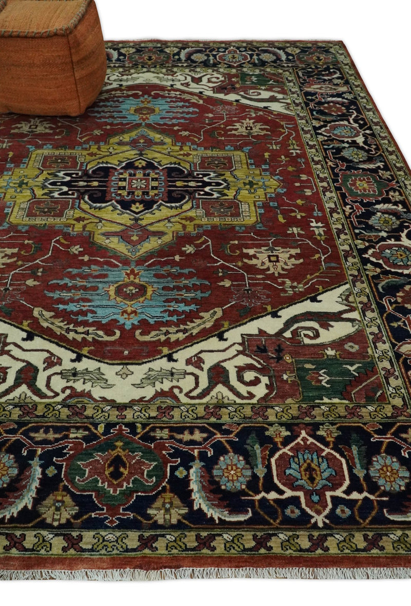 8x10 Fine Hand Knotted Rust and Blue Traditional Vintage Persian Style Serapi Heriz Antique Wool Rug | TRDCP504810 - The Rug Decor
