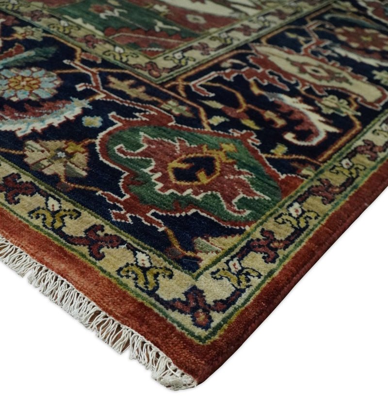 8x10 Fine Hand Knotted Rust and Blue Traditional Vintage Persian Style Serapi Heriz Antique Wool Rug | TRDCP504810 - The Rug Decor