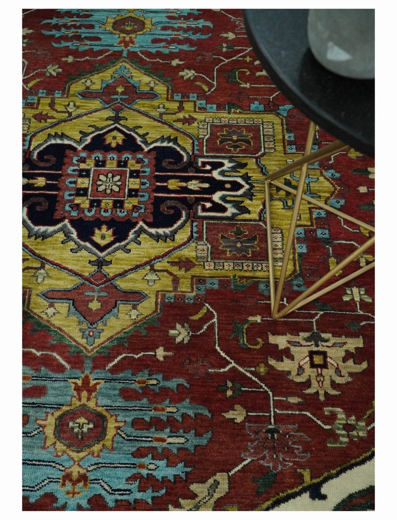 8x10 Fine Hand Knotted Rust and Blue Traditional Vintage Persian Style Serapi Heriz Antique Wool Rug | TRDCP504810 - The Rug Decor