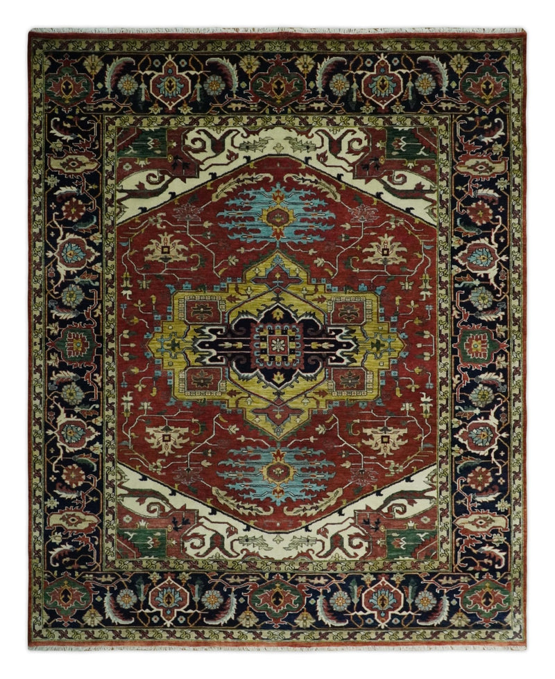 8x10 Fine Hand Knotted Rust and Blue Traditional Vintage Persian Style Serapi Heriz Antique Wool Rug | TRDCP504810 - The Rug Decor