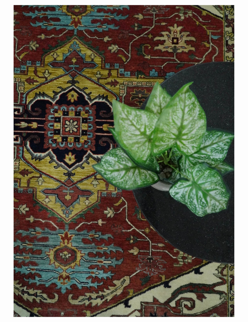 8x10 Fine Hand Knotted Rust and Blue Traditional Vintage Persian Style Serapi Heriz Antique Wool Rug | TRDCP504810 - The Rug Decor