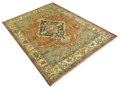8x10 Fine Hand Knotted Rust and Blue Traditional Vintage Persian Style Serapi Heriz Antique Wool Rug | TRDCP507810 - The Rug Decor