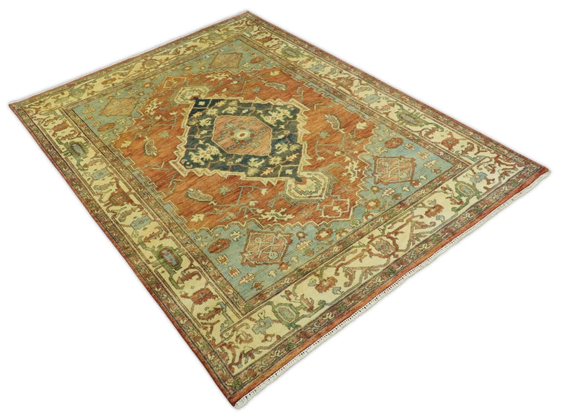 8x10 Fine Hand Knotted Rust and Blue Traditional Vintage Persian Style Serapi Heriz Antique Wool Rug | TRDCP507810 - The Rug Decor