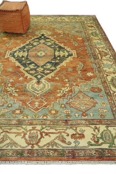 8x10 Fine Hand Knotted Rust and Blue Traditional Vintage Persian Style Serapi Heriz Antique Wool Rug | TRDCP507810 - The Rug Decor