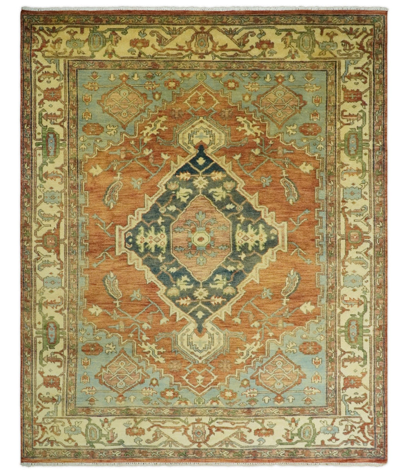 8x10 Fine Hand Knotted Rust and Blue Traditional Vintage Persian Style Serapi Heriz Antique Wool Rug | TRDCP507810 - The Rug Decor