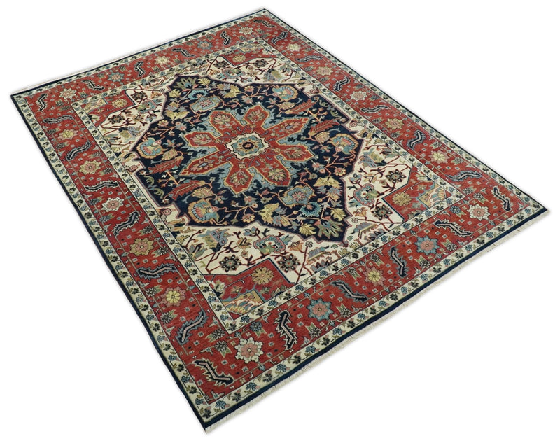8x10 Fine Hand Knotted Rust and Blue Traditional Vintage Persian Style Serapi Heriz Antique Wool Rug | TRDCP515810 - The Rug Decor