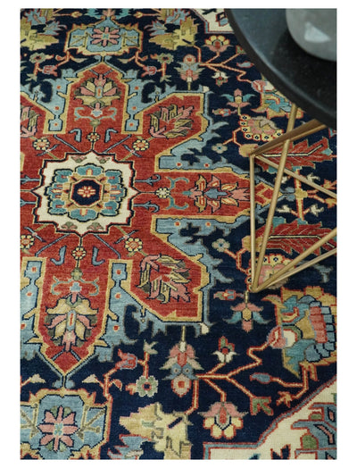 8x10 Fine Hand Knotted Rust and Blue Traditional Vintage Persian Style Serapi Heriz Antique Wool Rug | TRDCP515810 - The Rug Decor