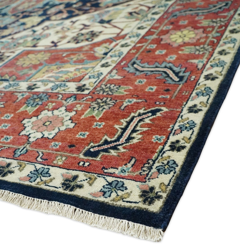 8x10 Fine Hand Knotted Rust and Blue Traditional Vintage Persian Style Serapi Heriz Antique Wool Rug | TRDCP515810 - The Rug Decor