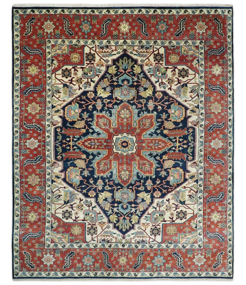 8x10 Fine Hand Knotted Rust and Blue Traditional Vintage Persian Style Serapi Heriz Antique Wool Rug | TRDCP515810 - The Rug Decor
