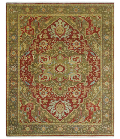 8x10 Fine Hand Knotted Rust and Olive Traditional Vintage Heriz Serapi Antique Wool Rug | TRDCP474810 - The Rug Decor