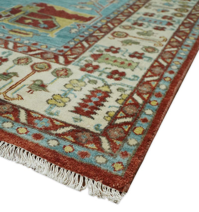 8x10 Fine Hand Knotted Rust, Ivory and Blue Traditional Vintage Persian Style Serapi Heriz Antique Wool Rug | TRDCP518810 - The Rug Decor