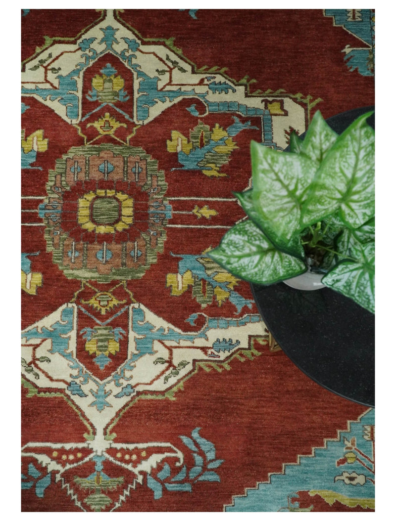 8x10 Fine Hand Knotted Rust, Ivory and Blue Traditional Vintage Persian Style Serapi Heriz Antique Wool Rug | TRDCP518810 - The Rug Decor