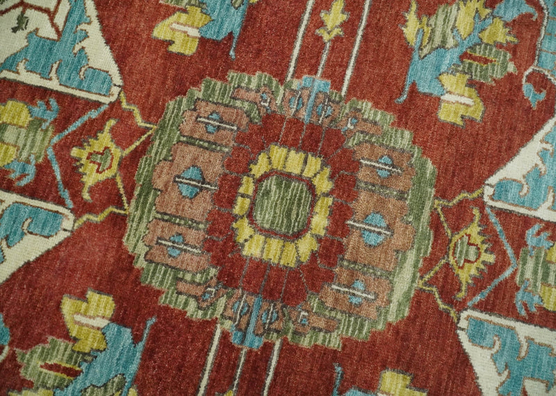8x10 Fine Hand Knotted Rust, Ivory and Blue Traditional Vintage Persian Style Serapi Heriz Antique Wool Rug | TRDCP518810 - The Rug Decor