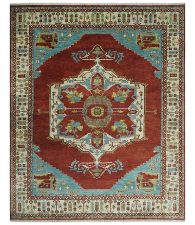 8x10 Fine Hand Knotted Rust, Ivory and Blue Traditional Vintage Persian Style Serapi Heriz Antique Wool Rug | TRDCP518810 - The Rug Decor