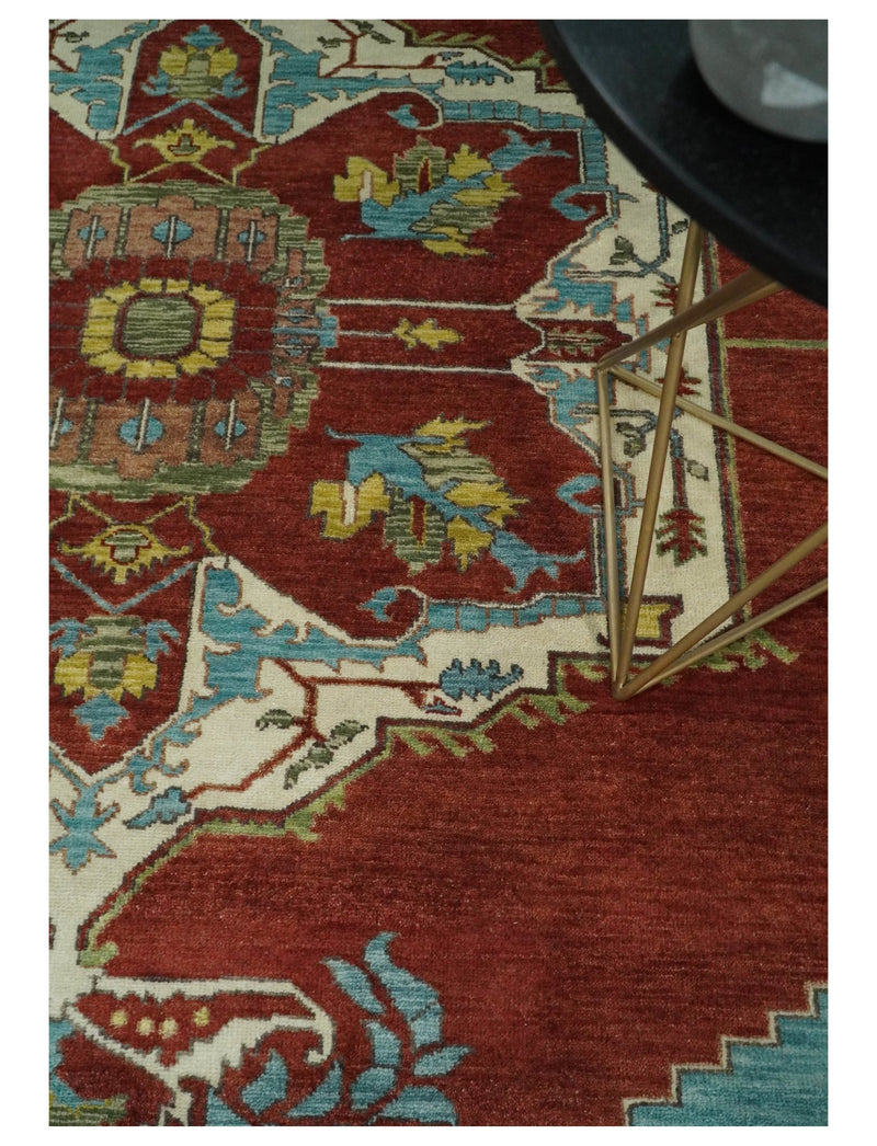 8x10 Fine Hand Knotted Rust, Ivory and Blue Traditional Vintage Persian Style Serapi Heriz Antique Wool Rug | TRDCP518810 - The Rug Decor