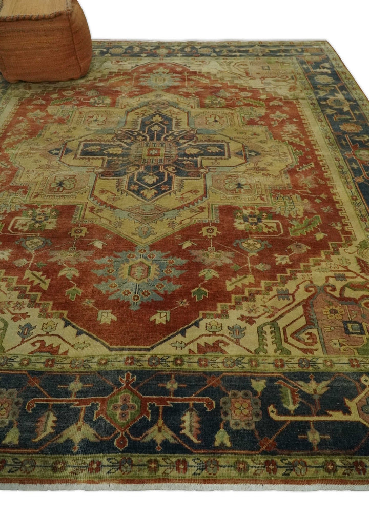 8x10 Gold, Rust and Charcoal Heriz Serapi Traditional Vintage Turkish Style Antique Look Hand Knotted Wool Area Rug | N361810 - The Rug Decor
