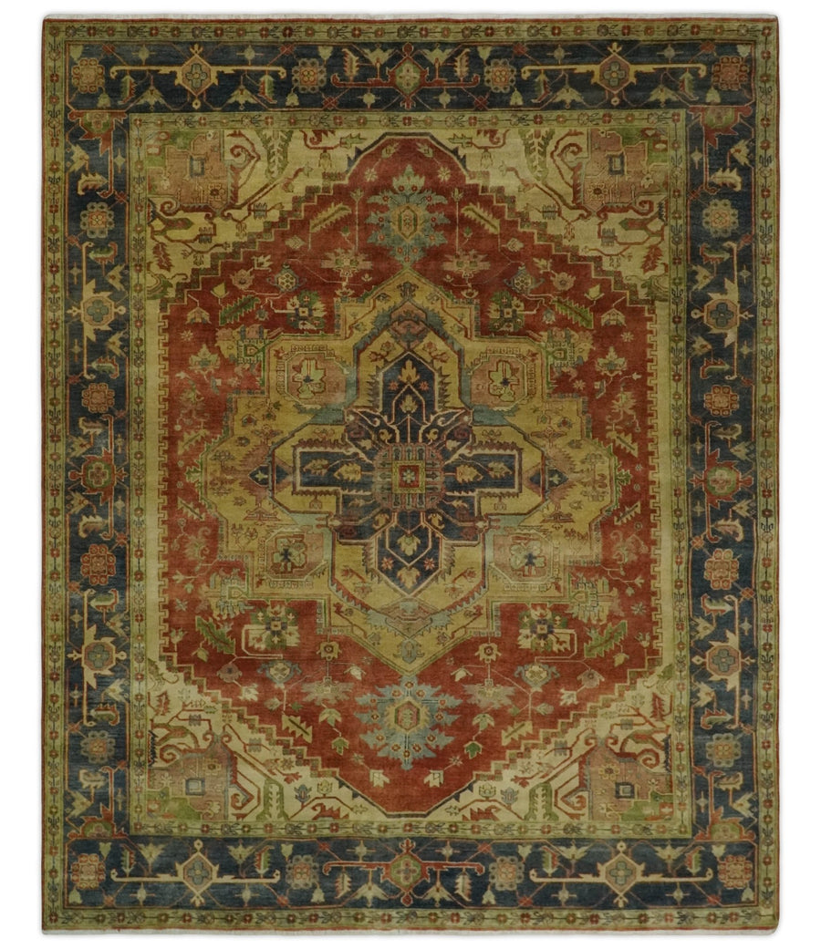 8x10 Gold, Rust and Charcoal Heriz Serapi Traditional Vintage Turkish Style Antique Look Hand Knotted Wool Area Rug | N361810 - The Rug Decor