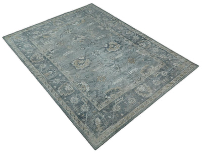 8x10 Gray and Blue Rug | Handmade Persian Inspired Area rug made with wool blended with art silk Low Pile | PR04 - The Rug Decor