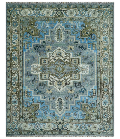 8x10 Gray, Ivory, Moss Green and Blue Hand Knotted Traditional Heriz Wool Area Rug - The Rug Decor