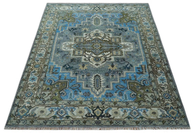 8x10 Gray, Ivory, Moss Green and Blue Hand Knotted Traditional Heriz Wool Area Rug - The Rug Decor