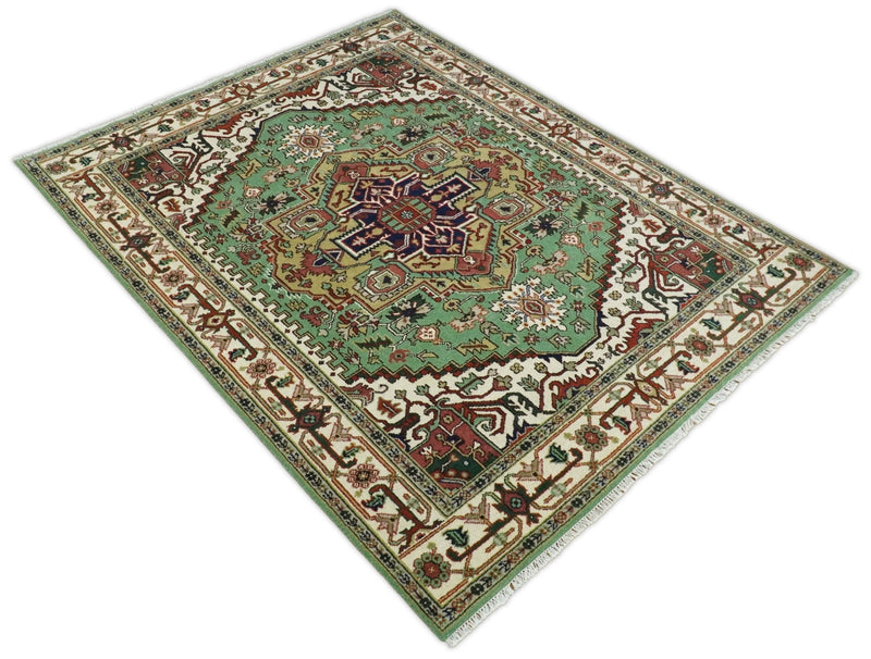 8x10 Green and Ivory Hand Knotted Traditional Antique Persian Design Wool Rug | TRDCP386810 - The Rug Decor