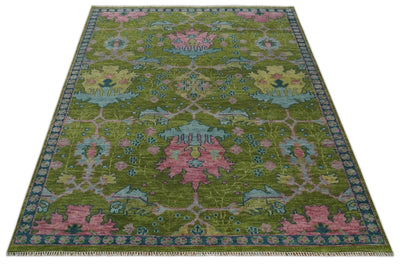 8x10 Green, Blue and Peach Hand Knotted Vibrant Donegal Floral Wool Rug - The Rug Decor