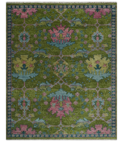 8x10 Green, Blue and Peach Hand Knotted Vibrant Donegal Floral Wool Rug - The Rug Decor