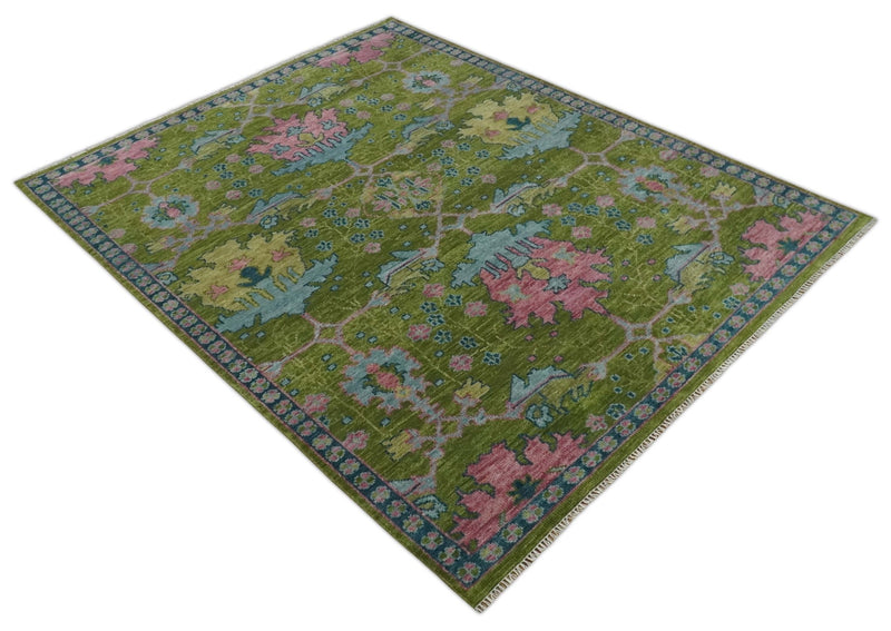 8x10 Green, Blue and Peach Hand Knotted Vibrant Donegal Floral Wool Rug - The Rug Decor