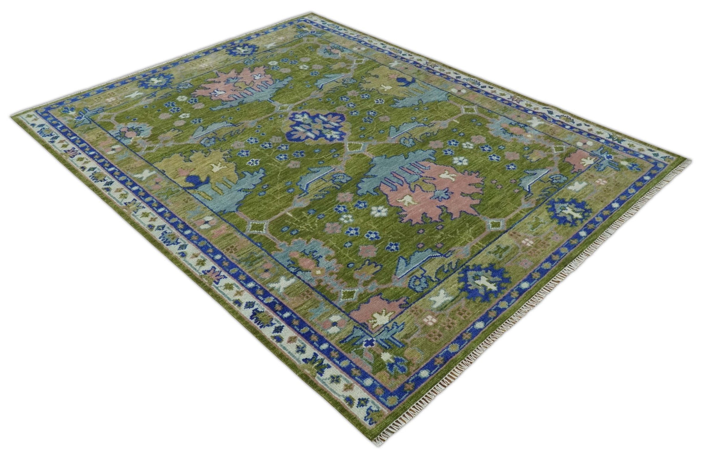 8x10 Green, Blue and Peach Hand Knotted Vibrant Donegal Floral Wool Rug - The Rug Decor