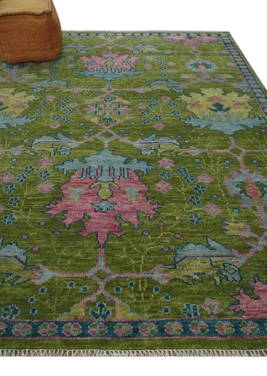 8x10 Green, Blue and Peach Hand Knotted Vibrant Donegal Floral Wool Rug - The Rug Decor