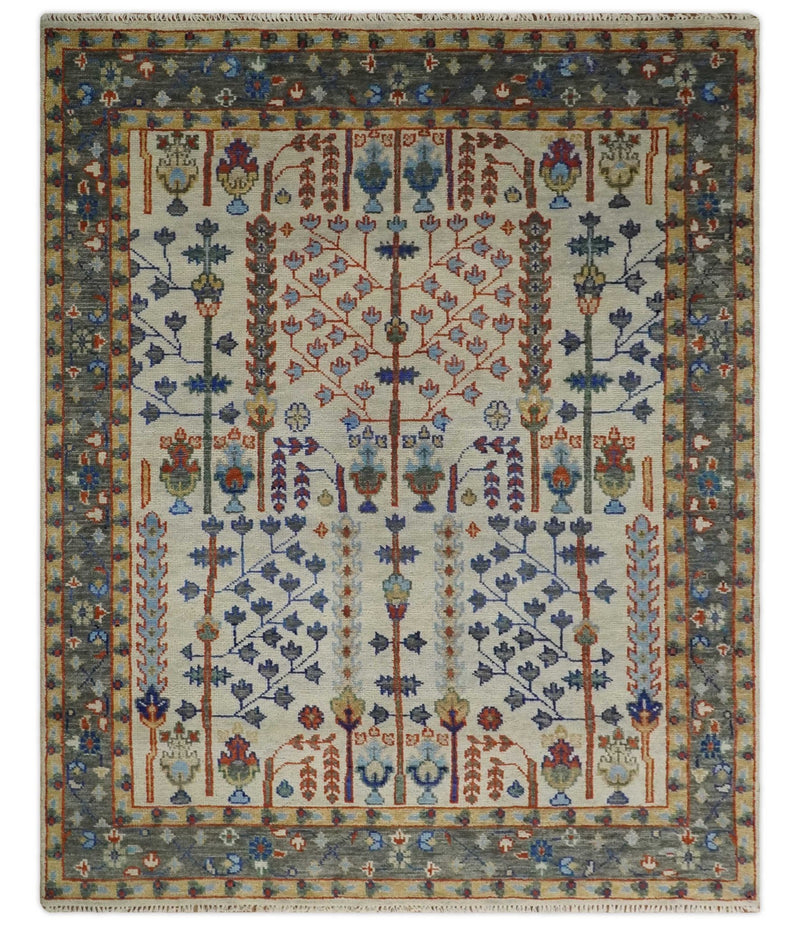 8x10 Hand Knotted Antique Ivory, Blue and Gray Traditional Persian Vintage Oushak Wool Rug | TRDCP712 - The Rug Decor