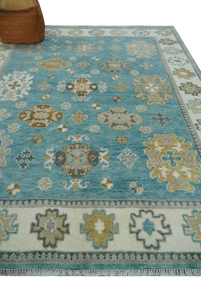 8x10 Hand Knotted Aqua and Ivory Traditional Oushak Wool Area Rug - The Rug Decor