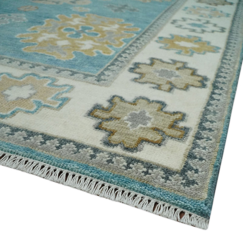 8x10 Hand Knotted Aqua and Ivory Traditional Oushak Wool Area Rug - The Rug Decor