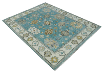 8x10 Hand Knotted Aqua and Ivory Traditional Oushak Wool Area Rug - The Rug Decor