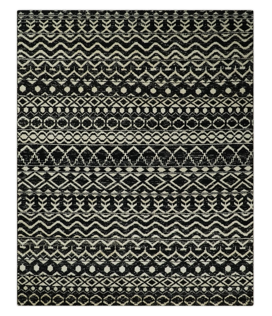 8x10 Hand Knotted Black and Ivory Modern Contemporary Southwestern Tribal Trellis Recycled Silk Area Rug | OP11 - The Rug Decor