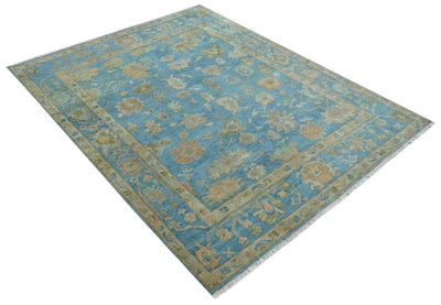 8x10 Hand knotted Blue and Beige Traditional Oushak Wool Area Rug - The Rug Decor