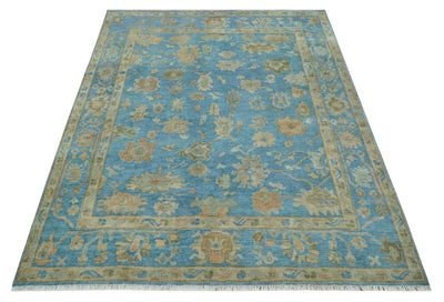 8x10 Hand knotted Blue and Beige Traditional Oushak Wool Area Rug - The Rug Decor